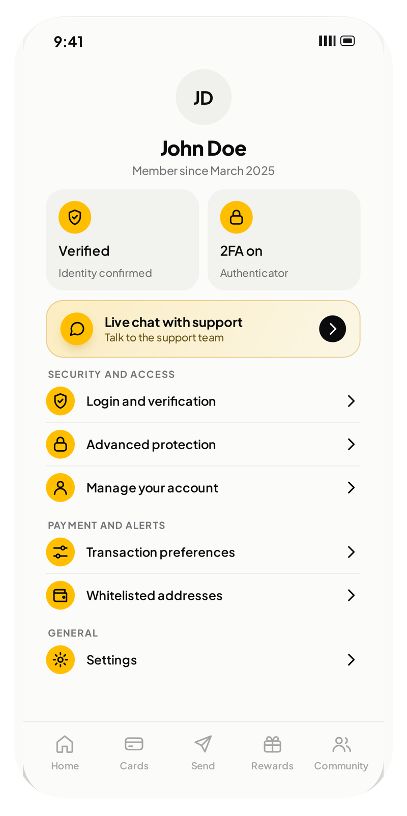 Profile screen with support, security and settings.