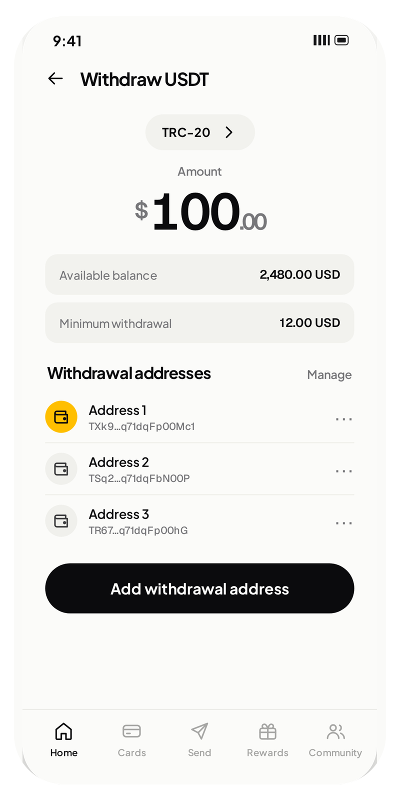 Withdraw USDT screen with illustrative amount and addresses.
