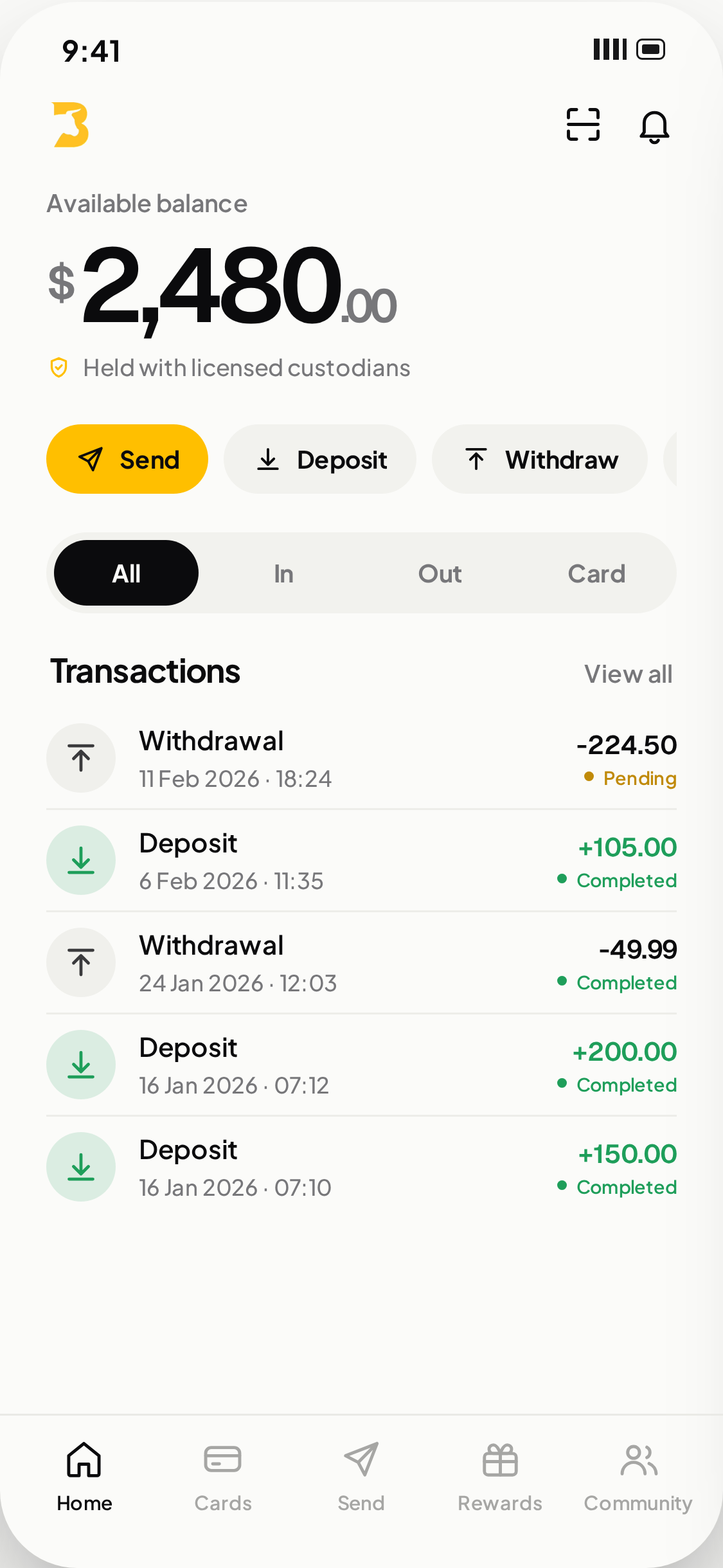 Existing BullSwipe wallet screen with illustrative balance and transactions