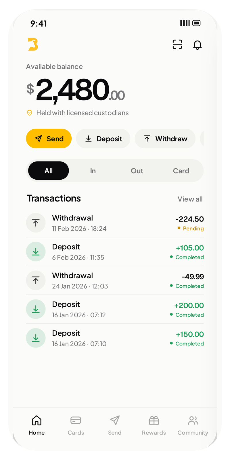 Home screen with illustrative balance and transactions.