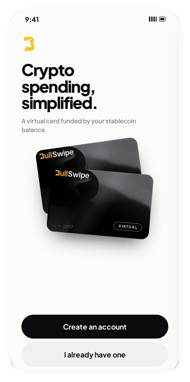 BullSwipe welcome screen, illustrative.