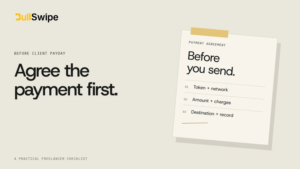 A large payment-agreement sheet with token, network, amount and destination fields beside the headline Agree the payment first.