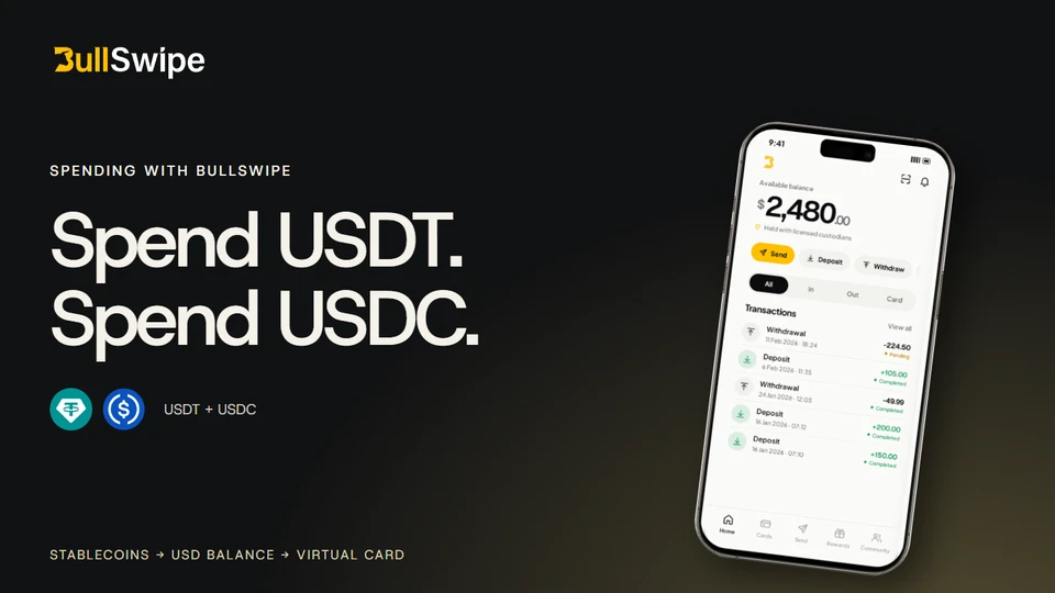 BullSwipe spending guide with the current Home screen and official USDT and USDC icons.