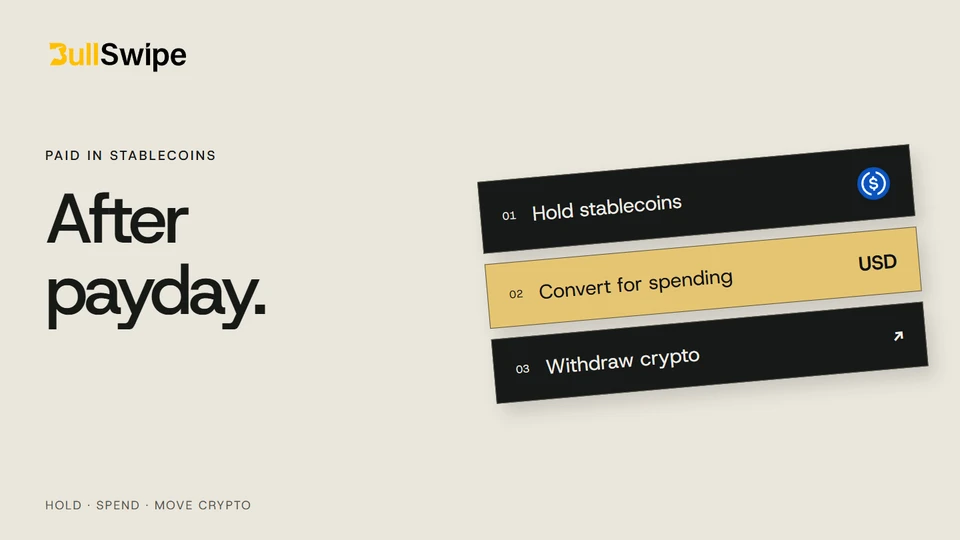 After payday graphic showing holding stablecoins, converting for spending and withdrawing crypto.