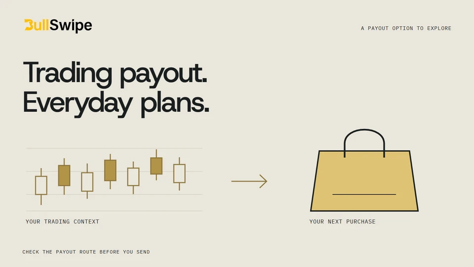 An editorial candlestick chart sits beside a shopping-bag outline, under Trading payout. Everyday plans. The illustration shows no actual trading platform or performance.