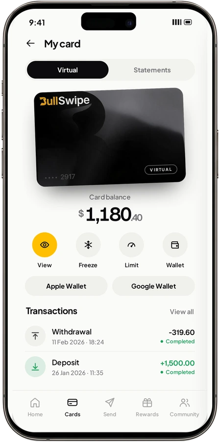 BullSwipe My Cards screen displayed inside the authentic phone composition
